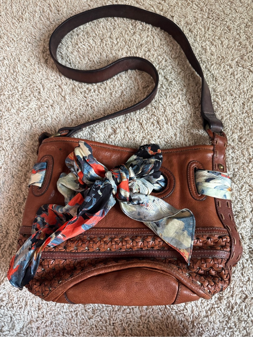 Anthropologie Brown Leather Shoulder Bag with Multicolor Scarf